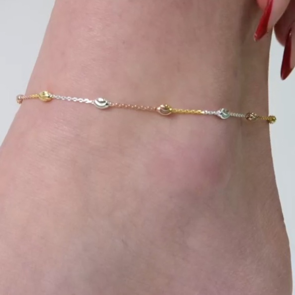 NEW 18K Gold Plated Over 925SS Oval Moon Bead Tri-Color Anklet